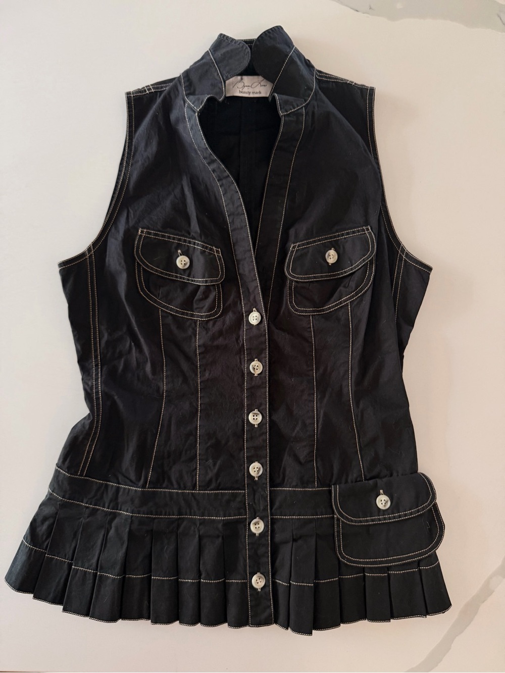 Byron Lars Black sleeveless button-front pleated hem blouse